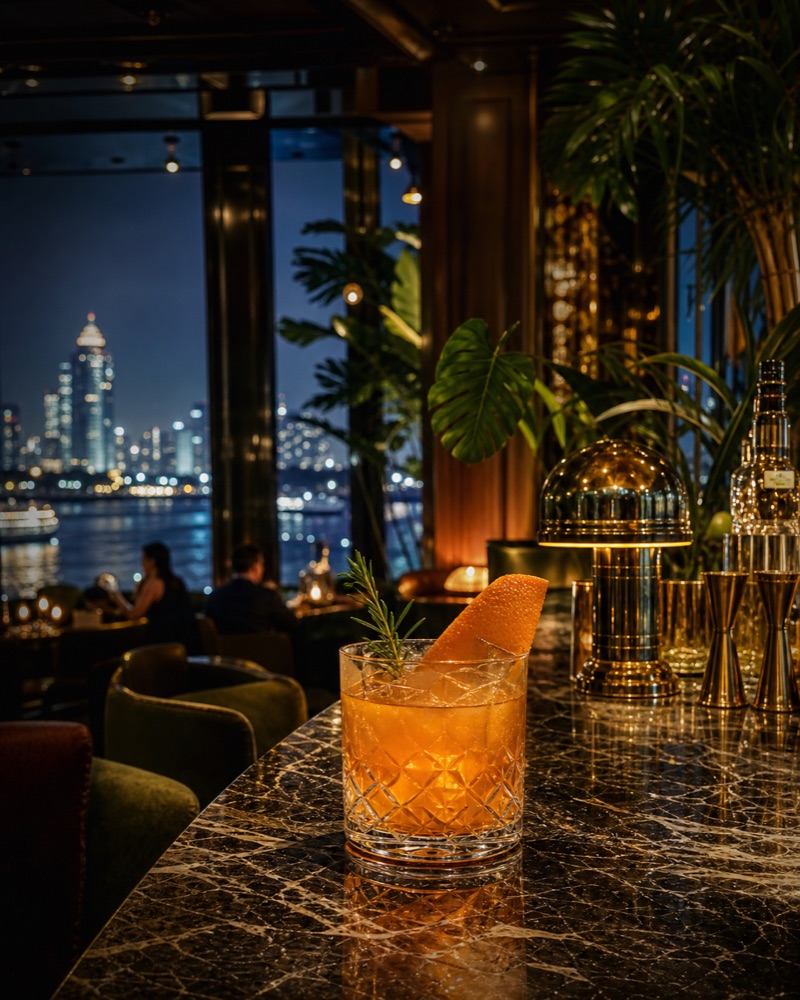 An old-fashioned cocktail on a marble bar with the riverside skyline at night