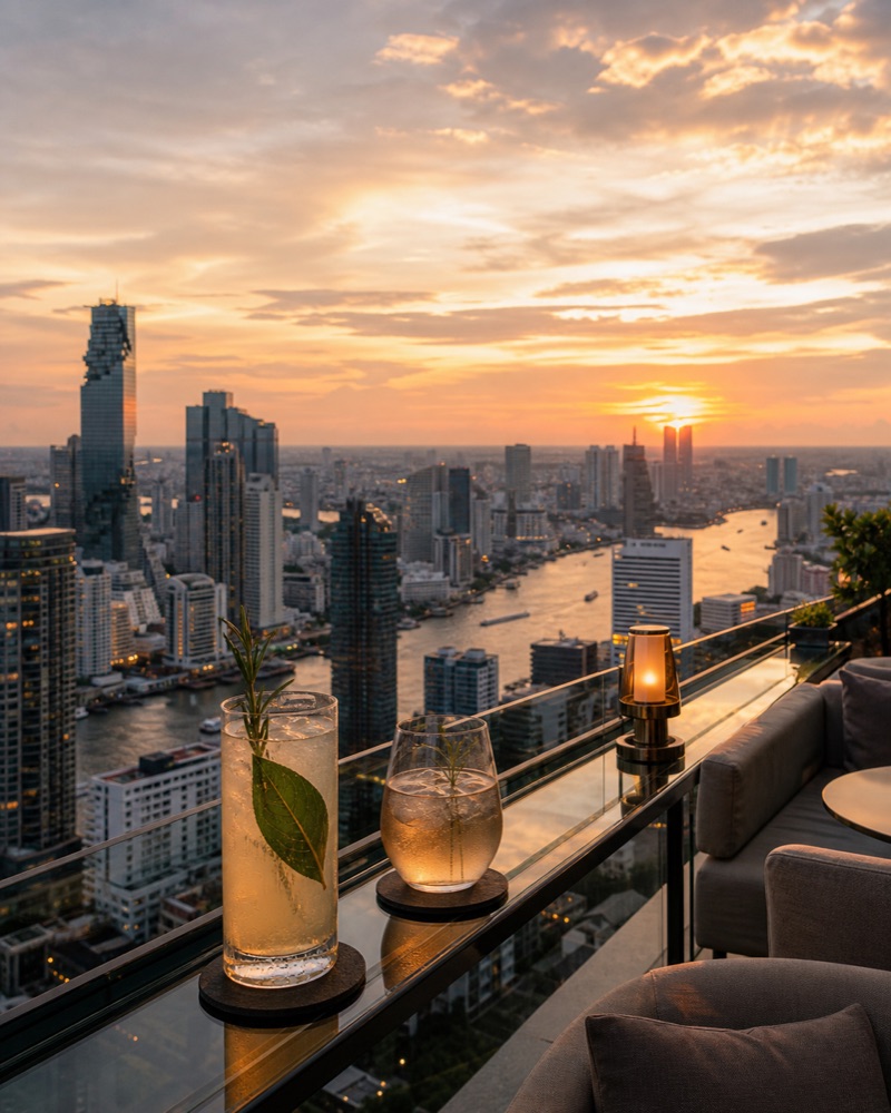 Cocktails on a rooftop rail above the Bangkok skyline at sunset