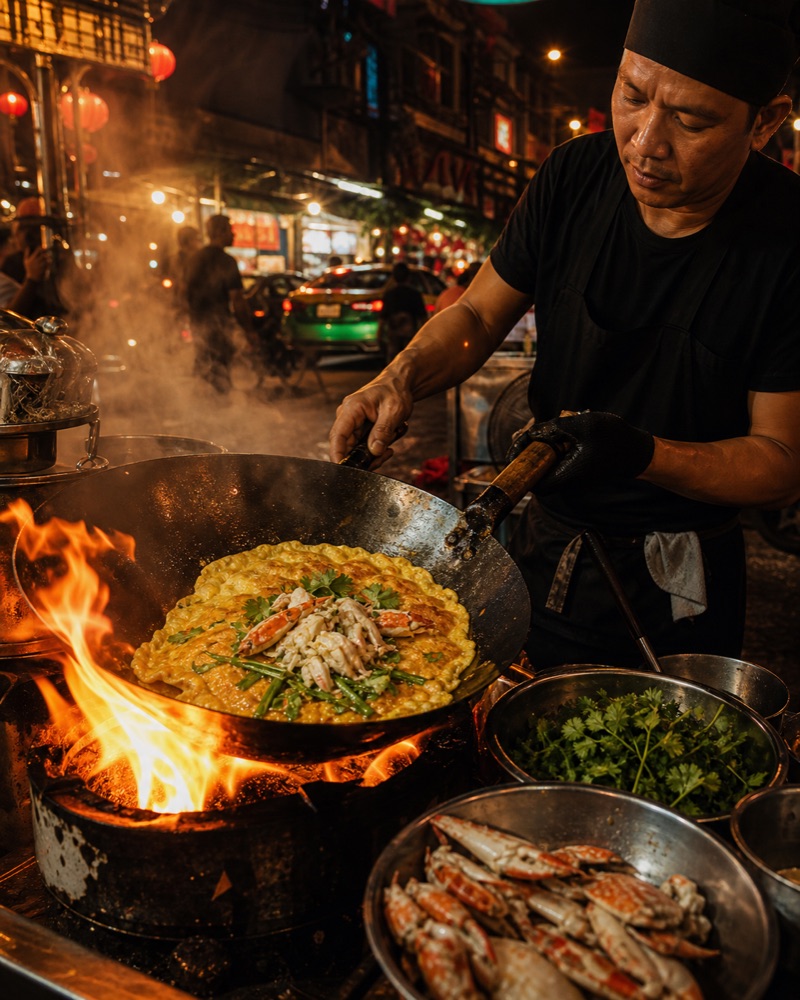 A street chef cooking a crab omelette over open flame in Chinatown