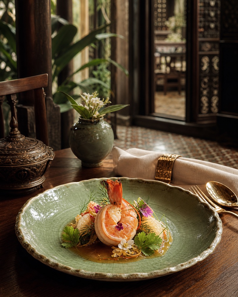 An elegant plated Thai fine-dining dish on a celadon plate