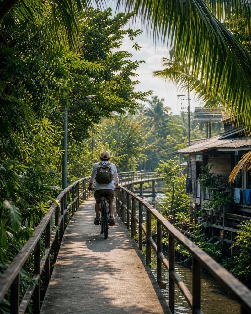 A cyclist on a boardwalk through the jungle of Bang Krachao