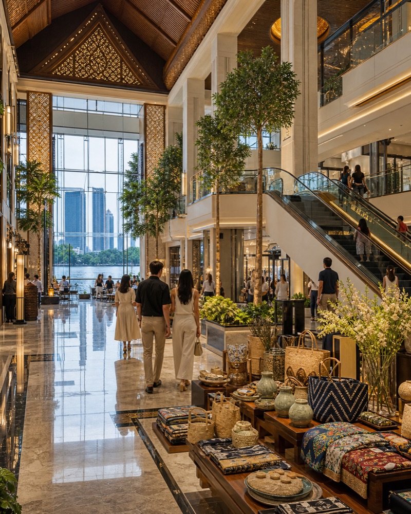 The grand riverside atrium of ICONSIAM with artisan goods