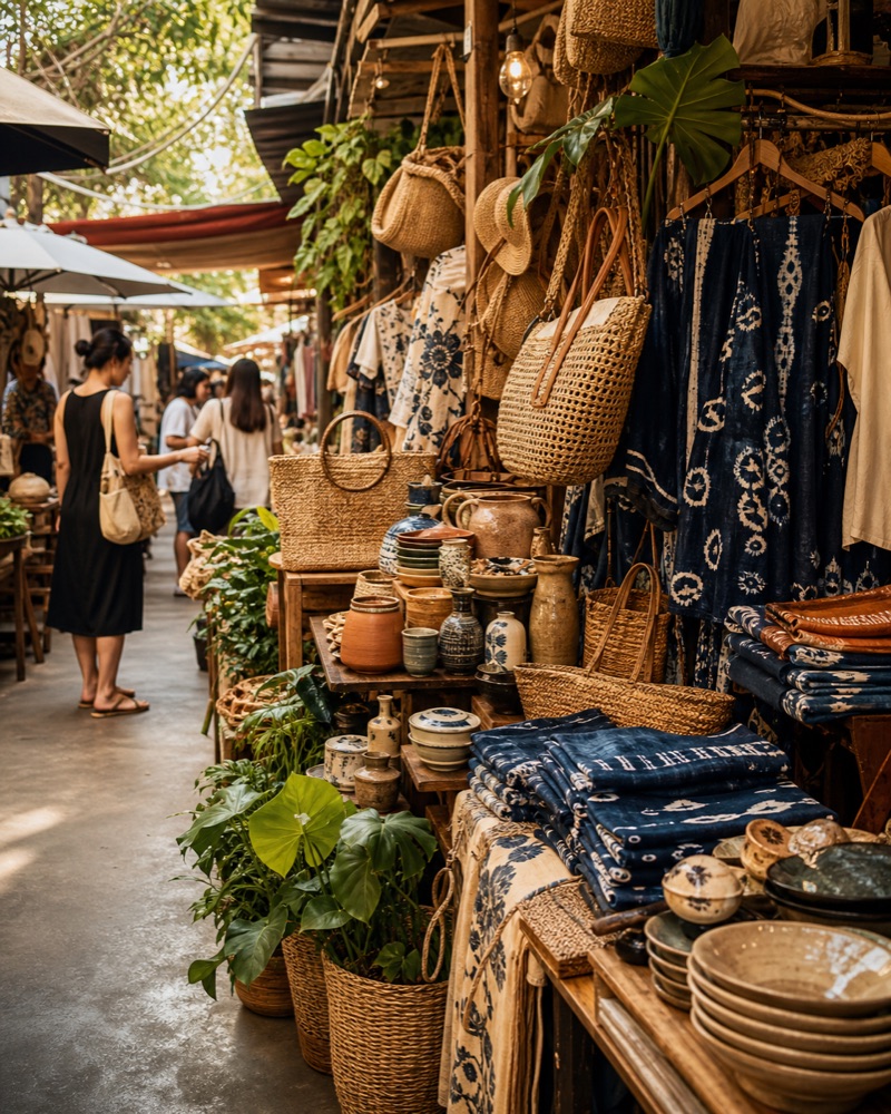 Rattan bags, indigo textiles and ceramics at a weekend market stall